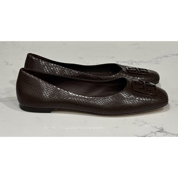 Tory Burch Ballet Flats 10.5 Georgia Square Toe Snakeskin Embossed Leather Brown - Picture 1 of 13